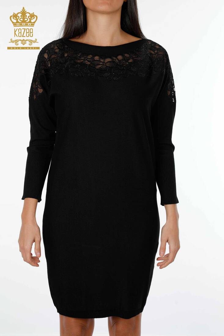 فستان نسائي زهري تول مزخرف أسود - 15158 | كازي
