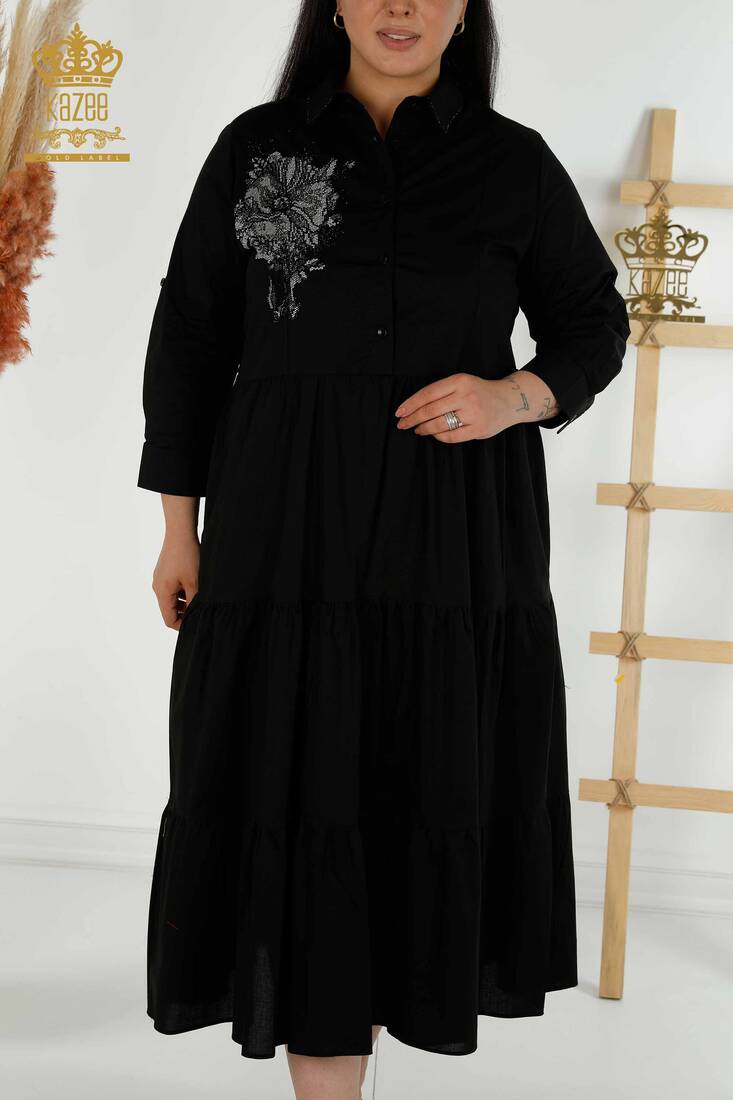 فستان نسائي بنقشة ورود أسود - 20271 | كازي