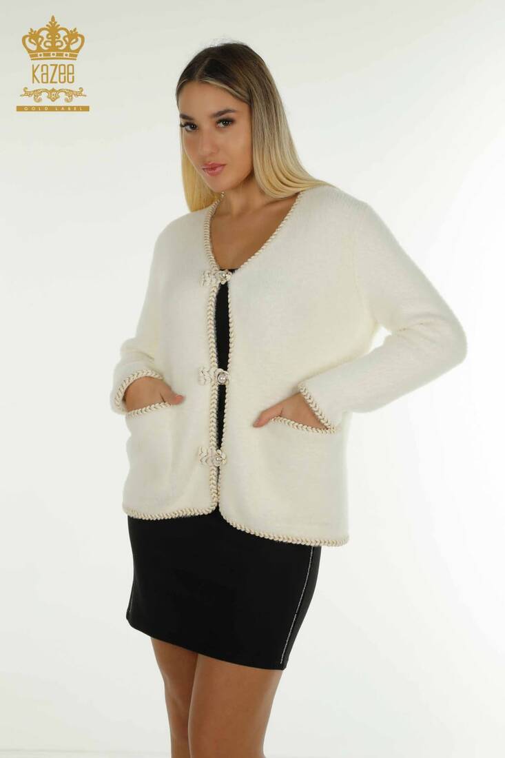 Kadın Angora Hırka Düğmeli Ekru - 30264 | KAZEE