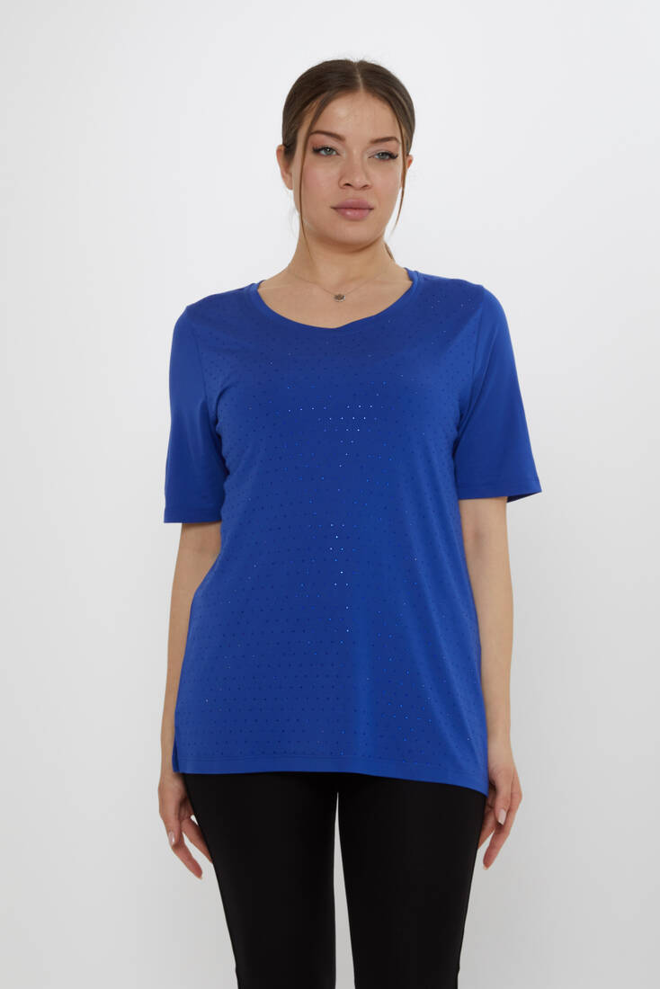 Kazee - Kadın Bluz Bisiklet Yaka Saks - 80033 | KAZEE