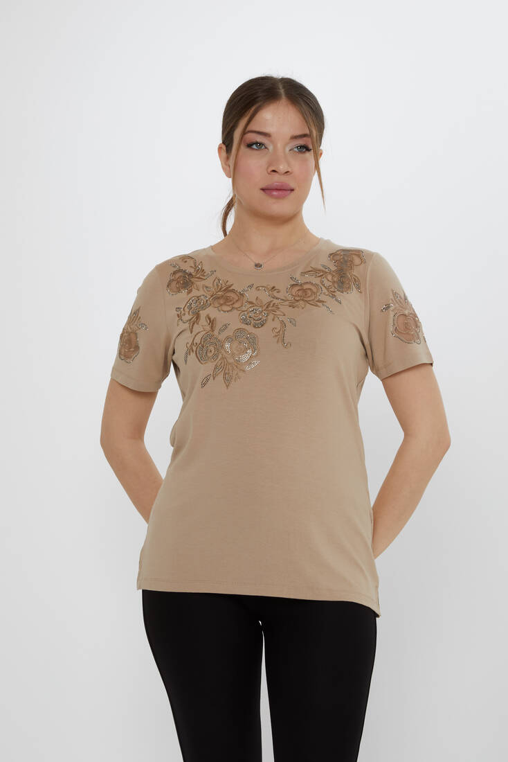 Kadın Bluz Çiçek Nakış Detaylı Bej - 80125 | KAZEE