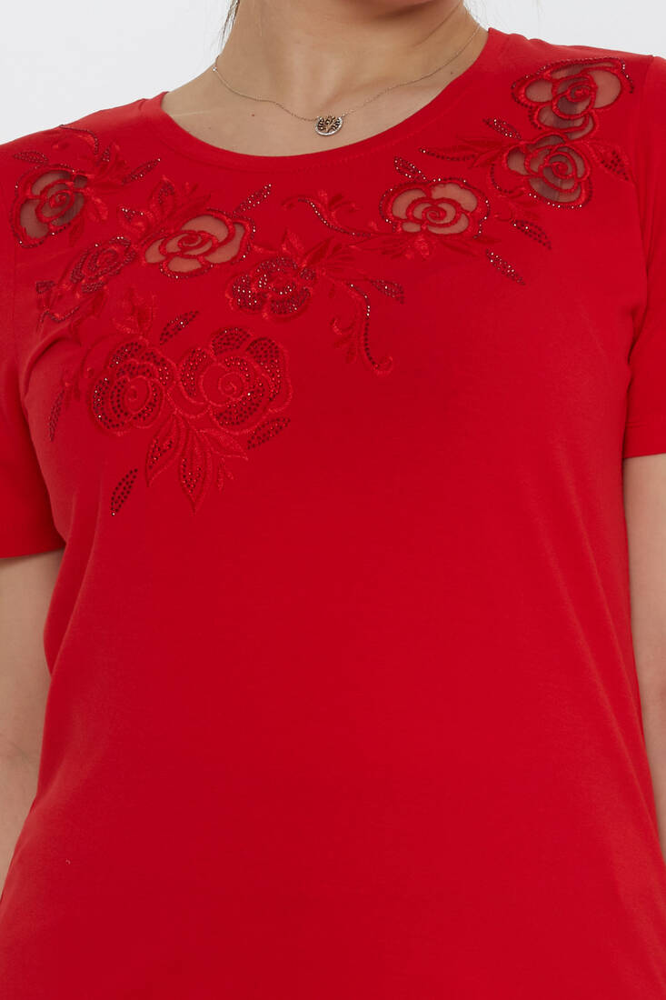 Kadın Bluz Çiçek Nakış Detaylı Kırmızı - 80125 | KAZEE