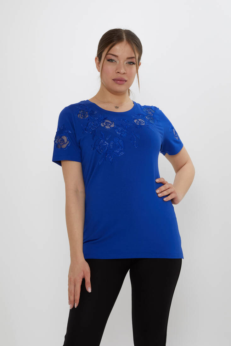 Kadın Bluz Çiçek Nakış Detaylı Saks - 80125 | KAZEE