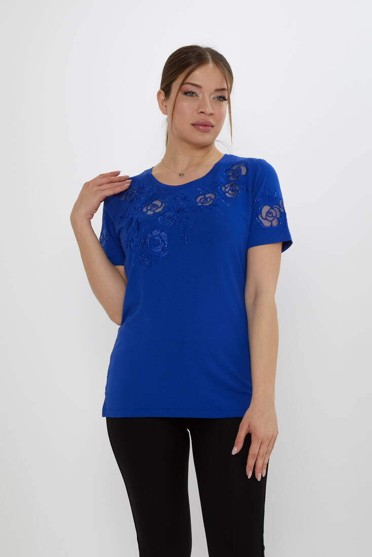Kadın Bluz Çiçek Nakış Detaylı Saks - 80125 | KAZEE