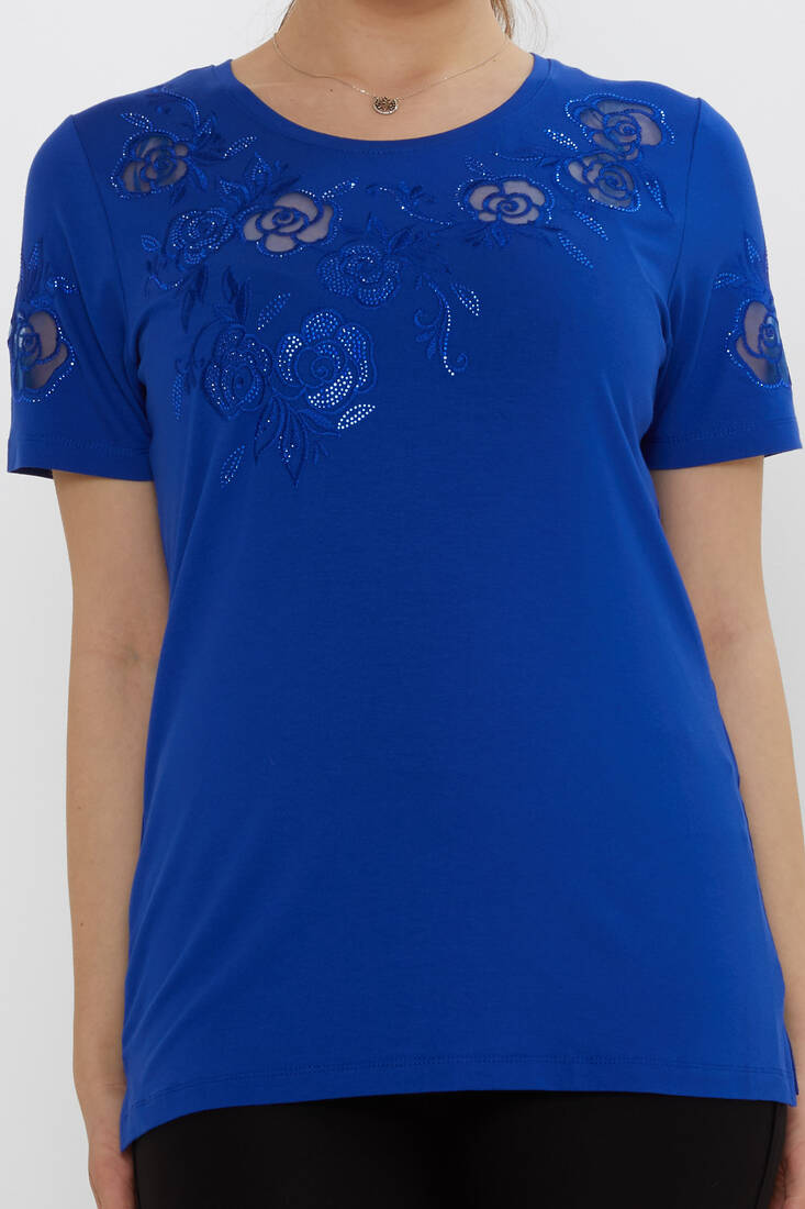 Kadın Bluz Çiçek Nakış Detaylı Saks - 80125 | KAZEE