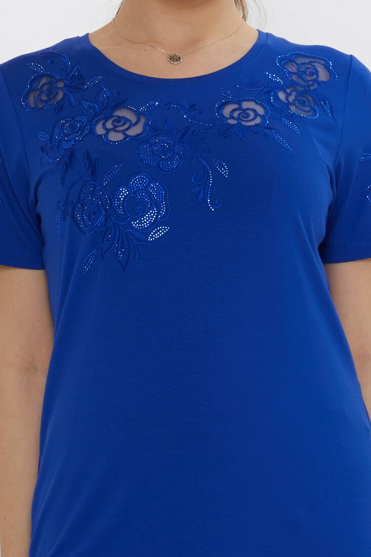 Kadın Bluz Çiçek Nakış Detaylı Saks - 80125 | KAZEE