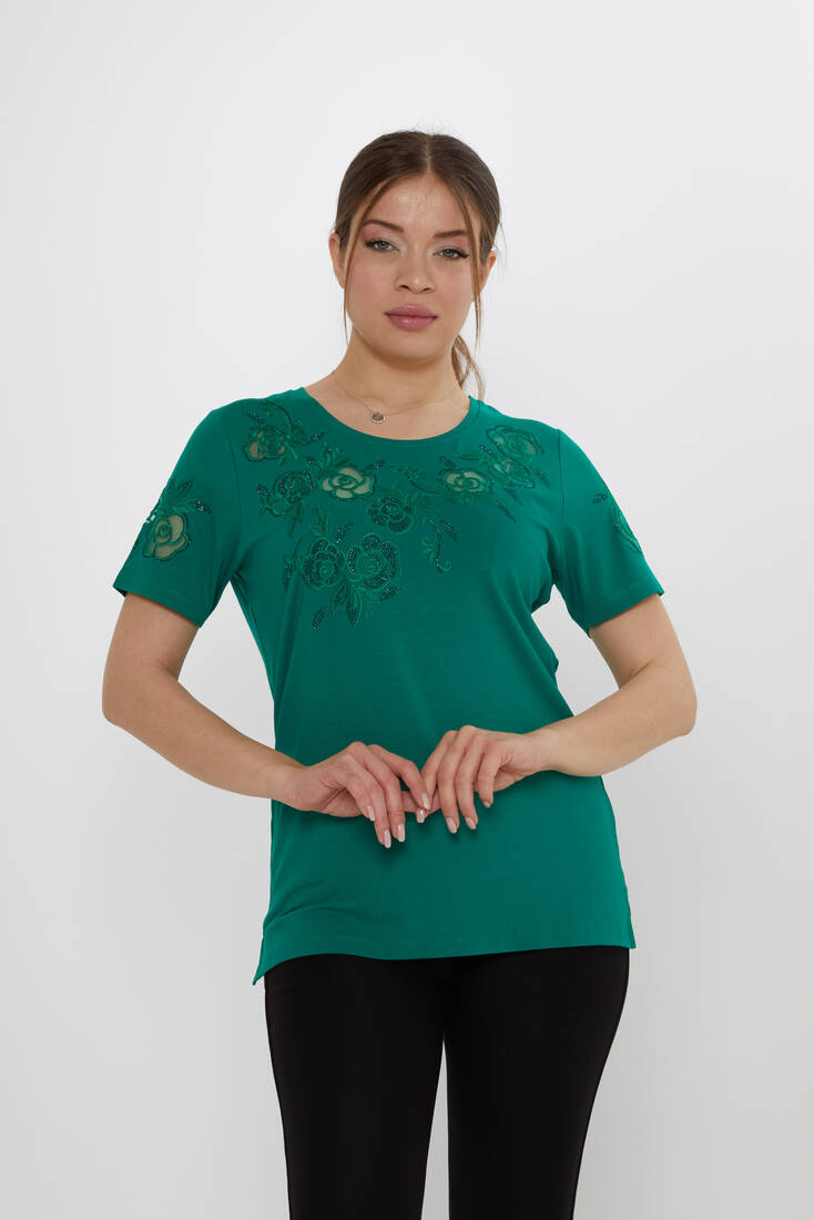 Kadın Bluz Çiçek Nakış Detaylı Yeşil - 80125 | KAZEE