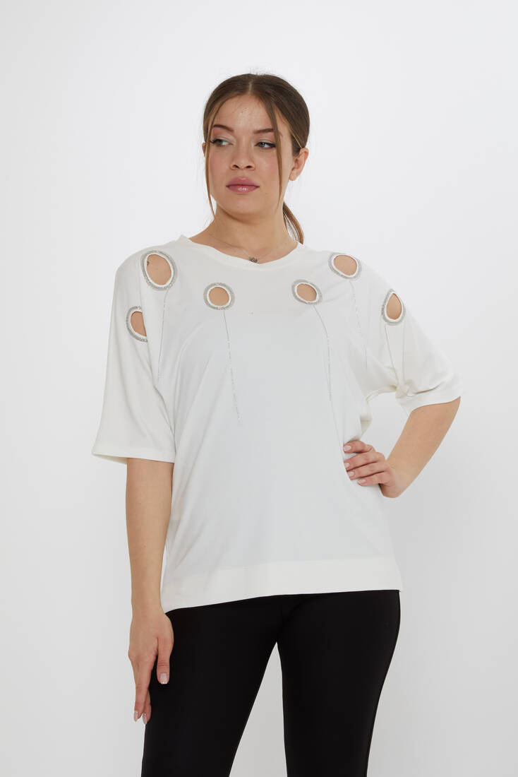 Kadın Bluz Delik Detaylı Ekru - 80075 | KAZEE