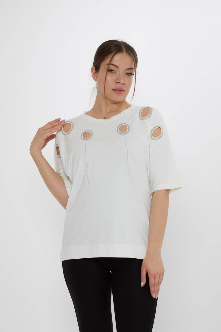 Kazee - Kadın Bluz Delik Detaylı Ekru - 80075 | KAZEE