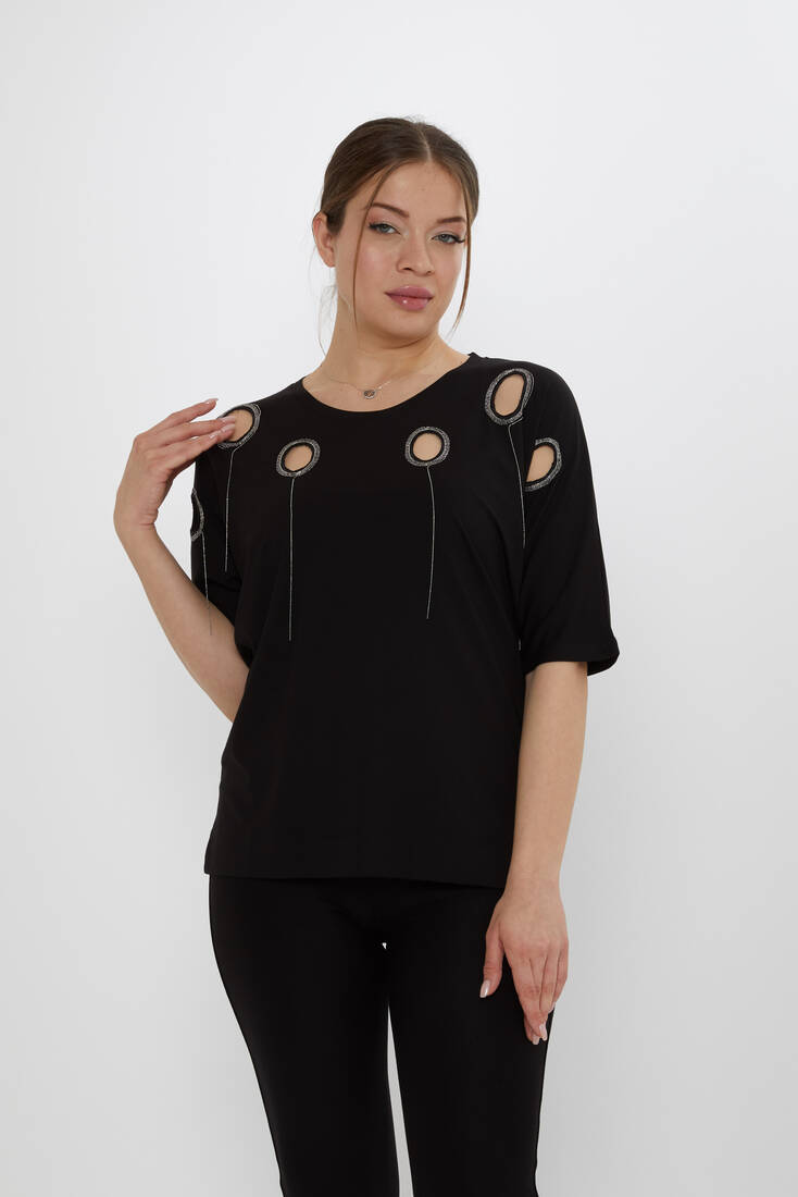 Kadın Bluz Delik Detaylı Siyah - 80075 | KAZEE