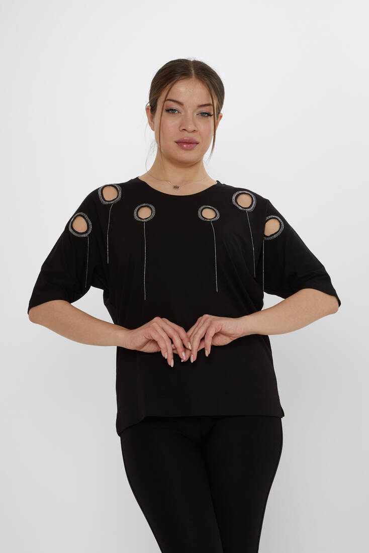 Kadın Bluz Delik Detaylı Siyah - 80075 | KAZEE
