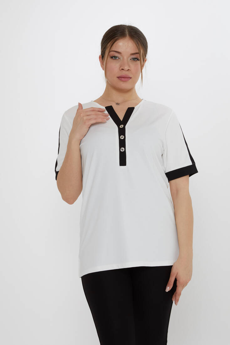 Kadın Bluz Düğme Detaylı Ekru - 80024 | KAZEE