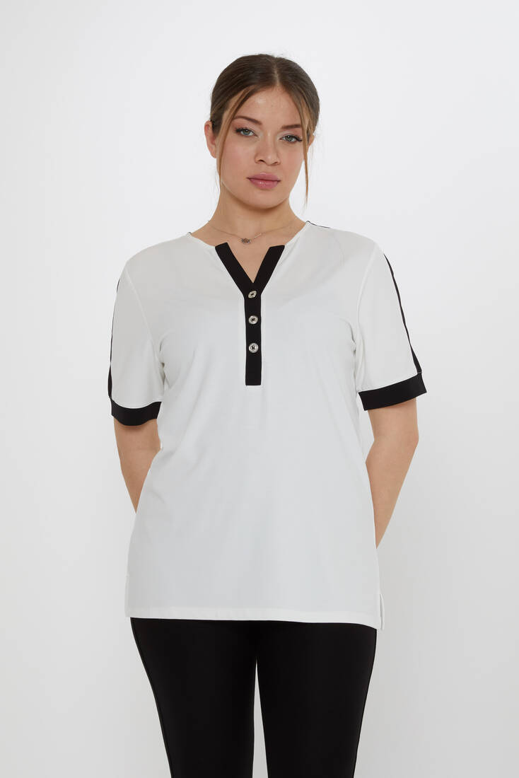 Kazee - Kadın Bluz Düğme Detaylı Ekru - 80024 | KAZEE