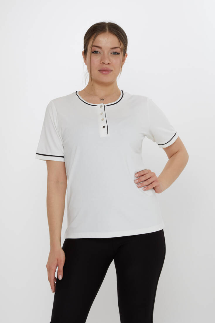 Kadın Bluz Düğme Detaylı Ekru - 80049 | KAZEE