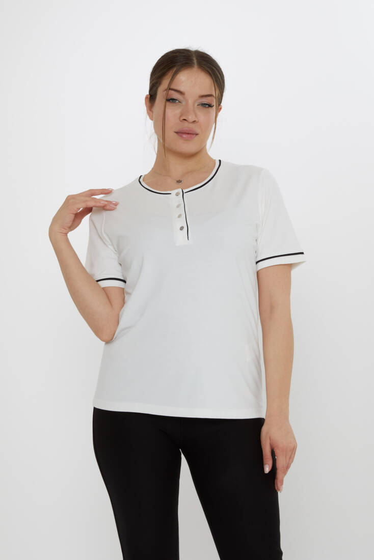 Kadın Bluz Düğme Detaylı Ekru - 80049 | KAZEE