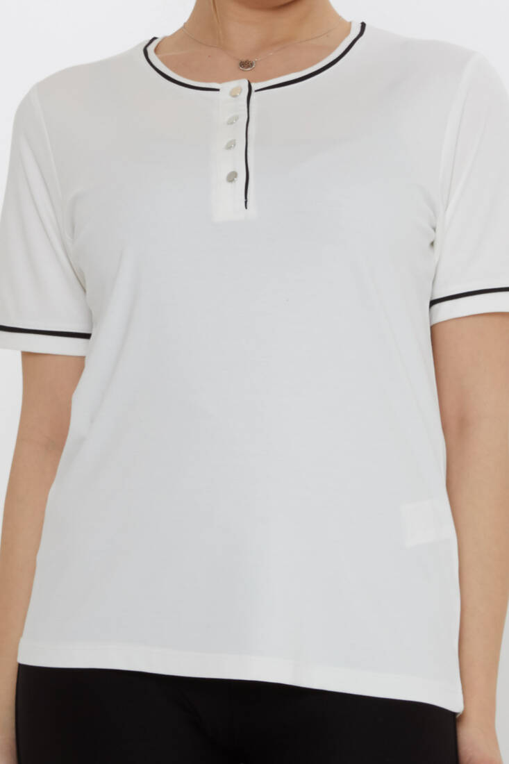 Kadın Bluz Düğme Detaylı Ekru - 80049 | KAZEE