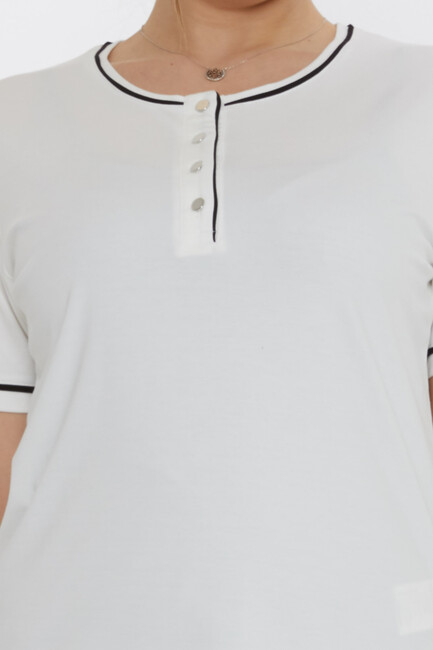 Kadın Bluz Düğme Detaylı Ekru - 80049 | KAZEE - Thumbnail