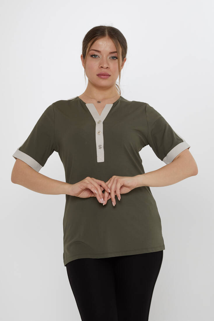 Kazee - Kadın Bluz Düğme Detaylı Haki - 80024 | KAZEE