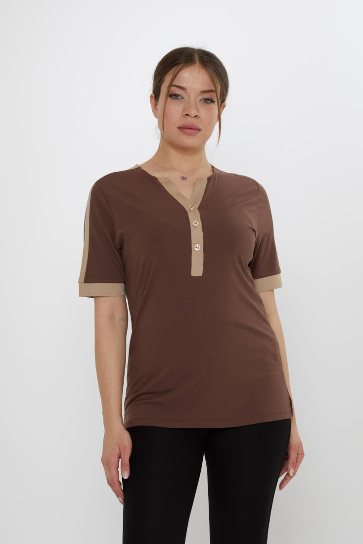 Kazee - Kadın Bluz Düğme Detaylı Kahve - 80024 | KAZEE