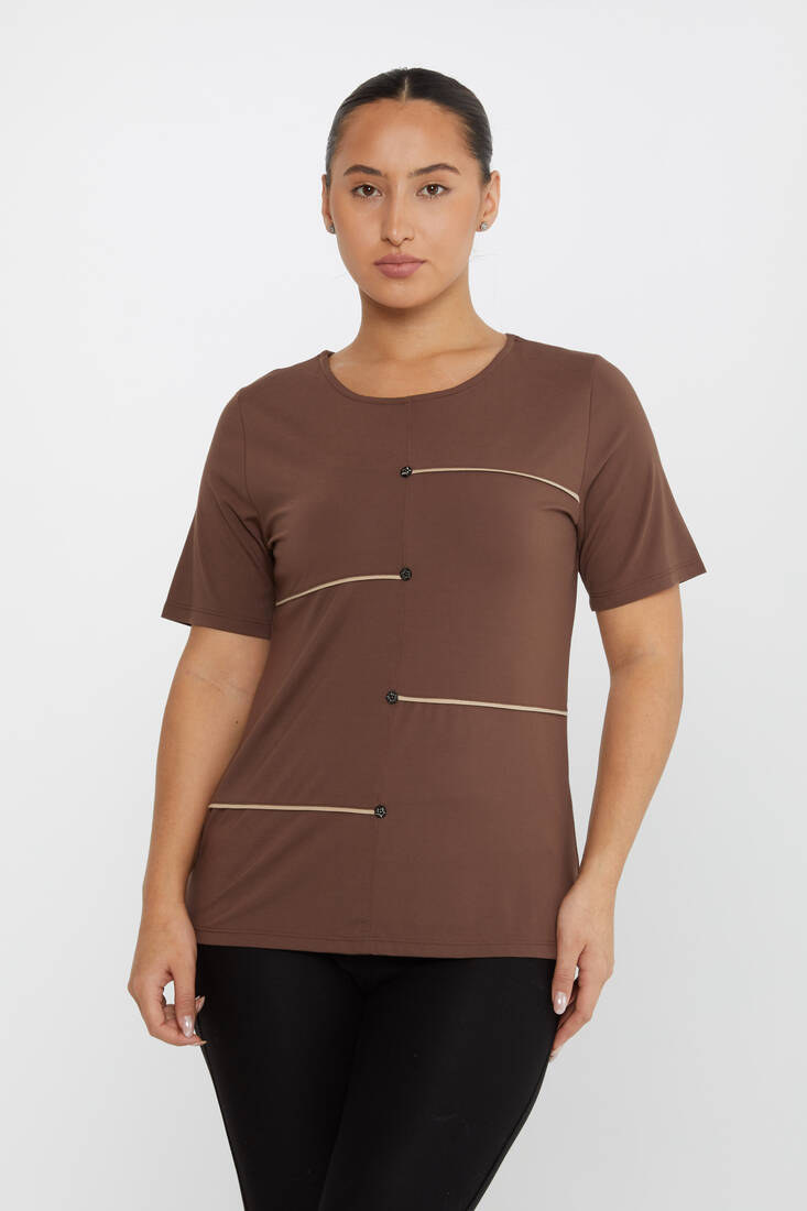 Kazee - Kadın Bluz Düğme Detaylı Kahve - 80061 | KAZEE