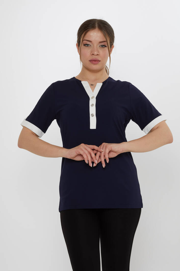 Kazee - Kadın Bluz Düğme Detaylı Lacivert - 80024 | KAZEE