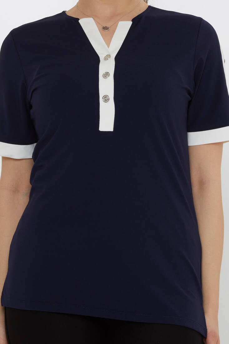 Kadın Bluz Düğme Detaylı Lacivert - 80024 | KAZEE