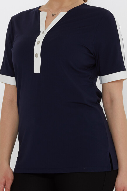 Kadın Bluz Düğme Detaylı Lacivert - 80024 | KAZEE - Thumbnail
