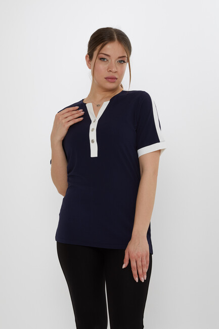 Kadın Bluz Düğme Detaylı Lacivert - 80024 | KAZEE - Thumbnail