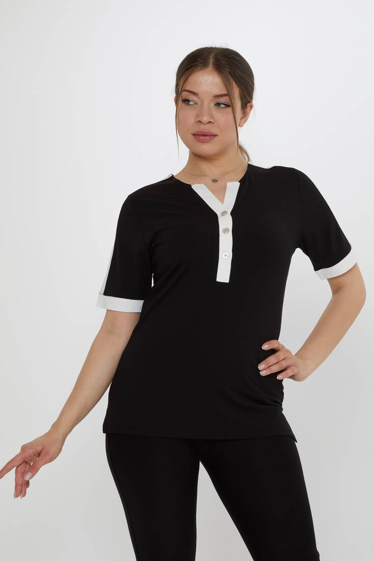 Kadın Bluz Düğme Detaylı Siyah - 80024 | KAZEE