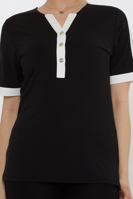 Kadın Bluz Düğme Detaylı Siyah - 80024 | KAZEE - Thumbnail