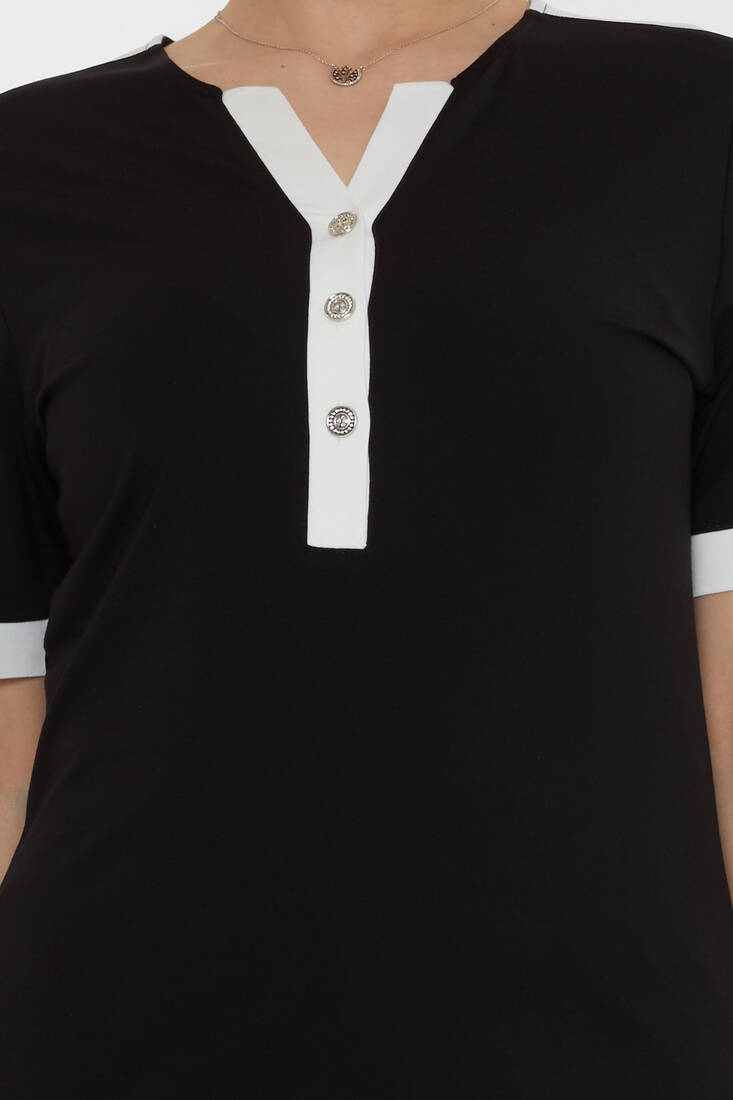 Kadın Bluz Düğme Detaylı Siyah - 80024 | KAZEE