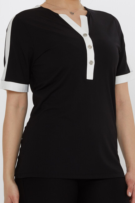 Kadın Bluz Düğme Detaylı Siyah - 80024 | KAZEE - Thumbnail
