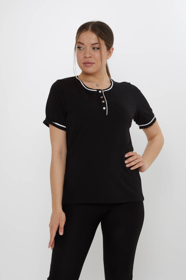 Kazee - Kadın Bluz Düğme Detaylı Siyah - 80049 | KAZEE