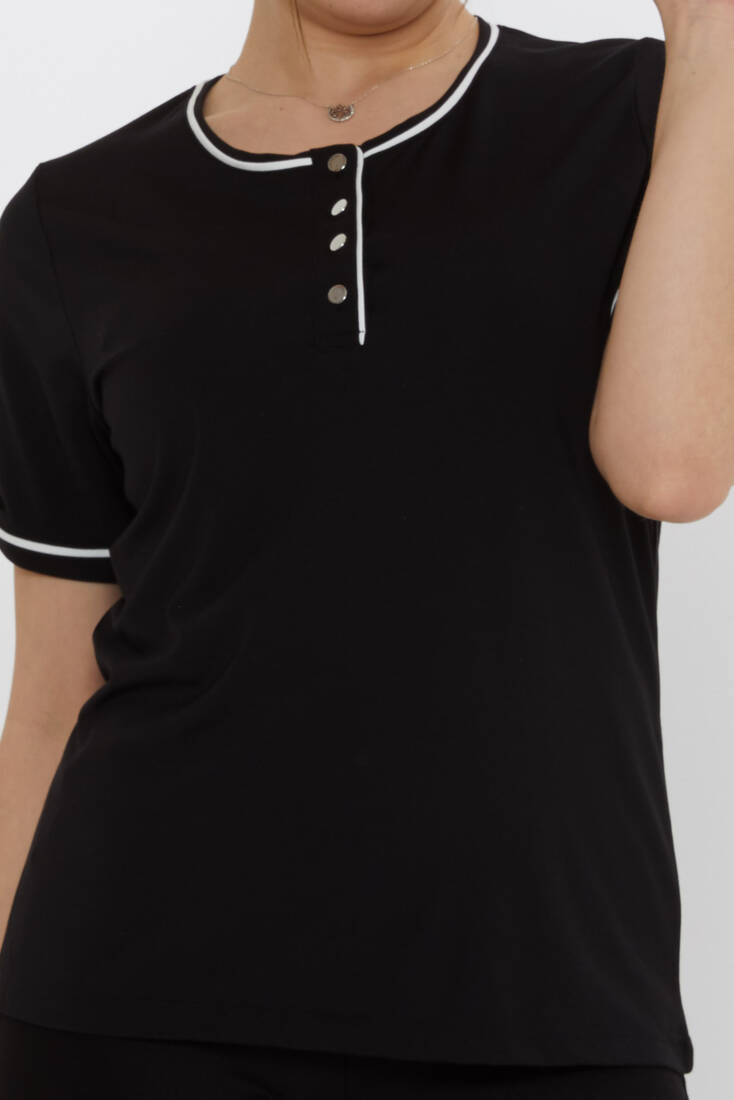 Kadın Bluz Düğme Detaylı Siyah - 80049 | KAZEE