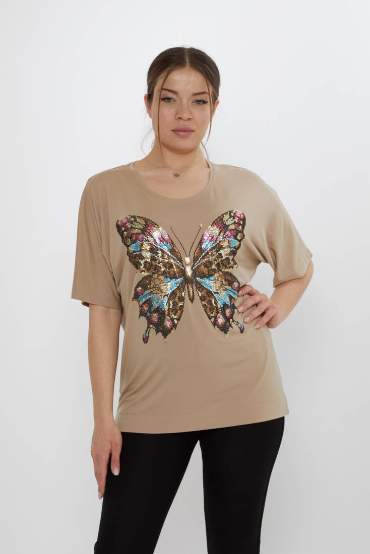Kadın Bluz Kelebek Desenli Bej - 80046 | KAZEE