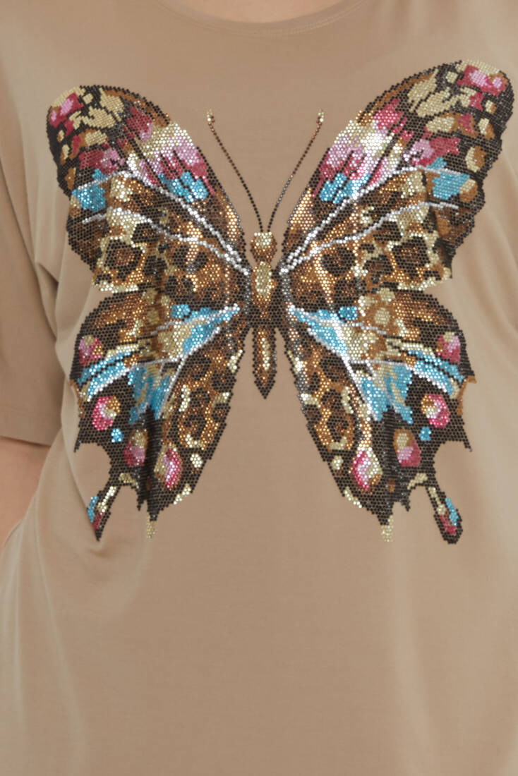 Kadın Bluz Kelebek Desenli Bej - 80046 | KAZEE