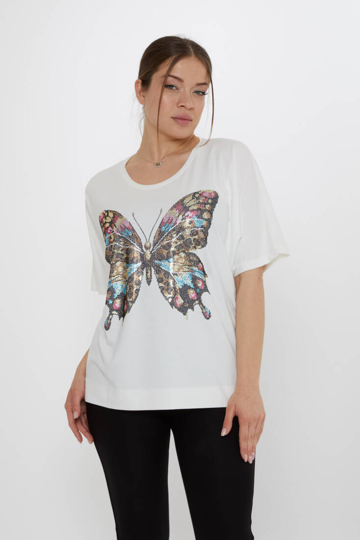 Kadın Bluz Kelebek Desenli Ekru - 80046 | KAZEE