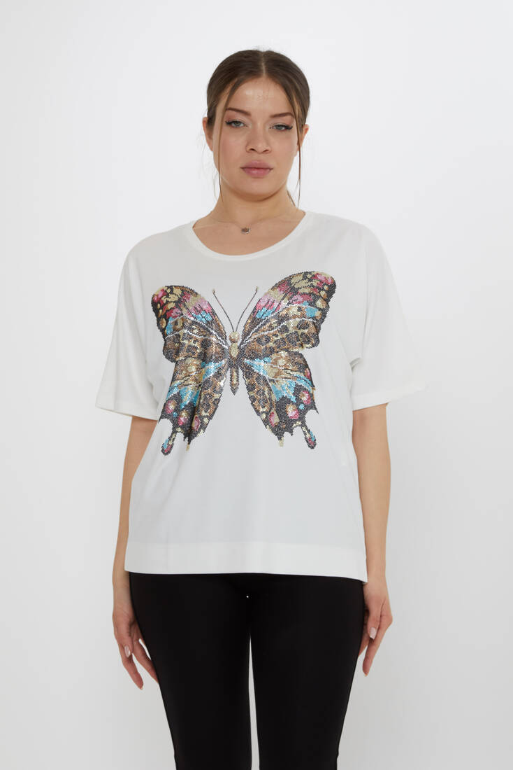 Kadın Bluz Kelebek Desenli Ekru - 80046 | KAZEE