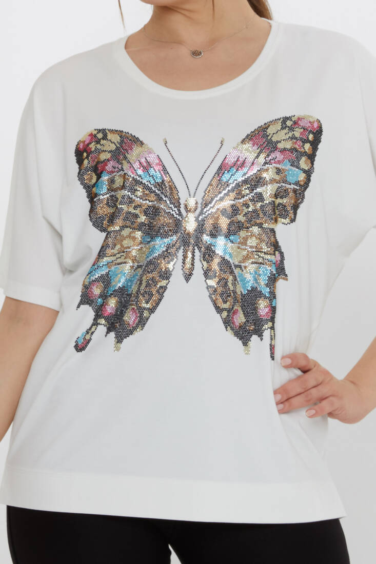 Kadın Bluz Kelebek Desenli Ekru - 80046 | KAZEE