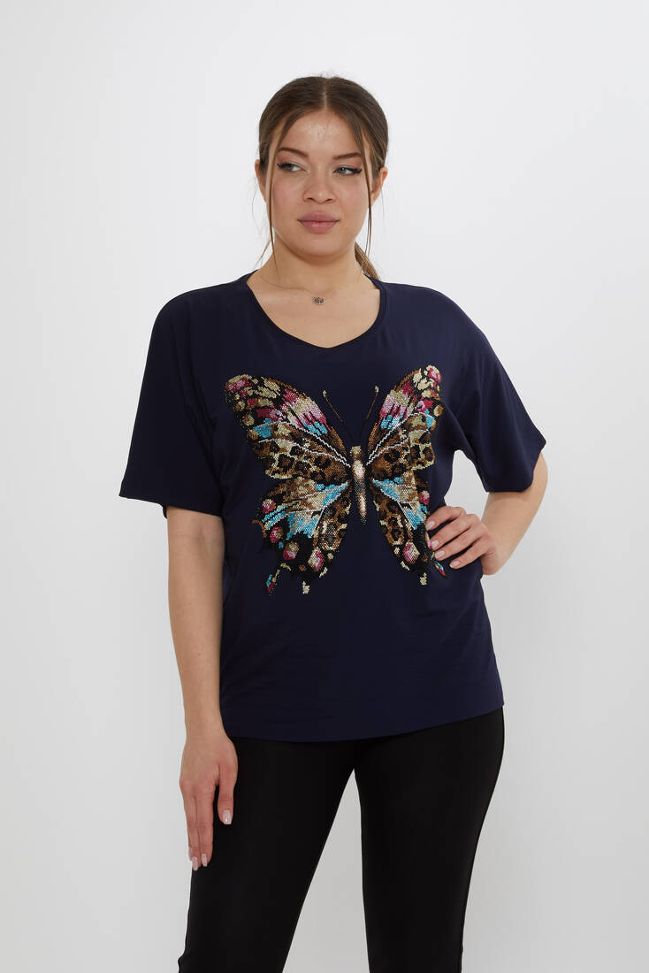 Kadın Bluz Kelebek Desenli Lacivert - 80046 | KAZEE