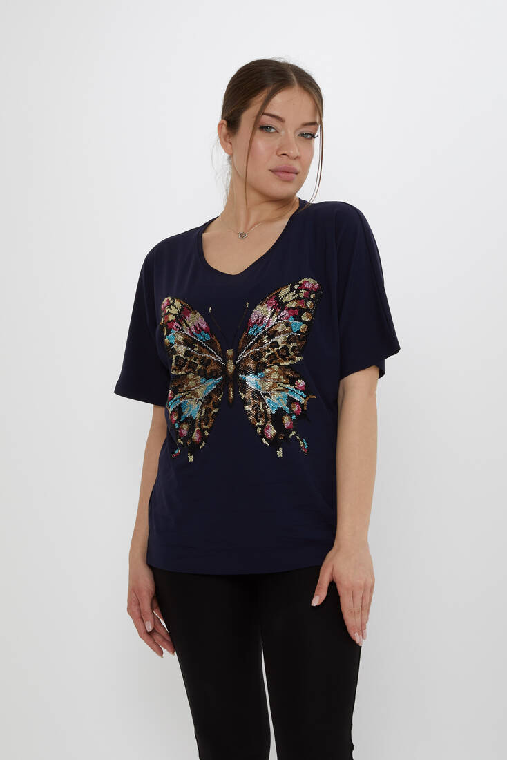 Kadın Bluz Kelebek Desenli Lacivert - 80046 | KAZEE