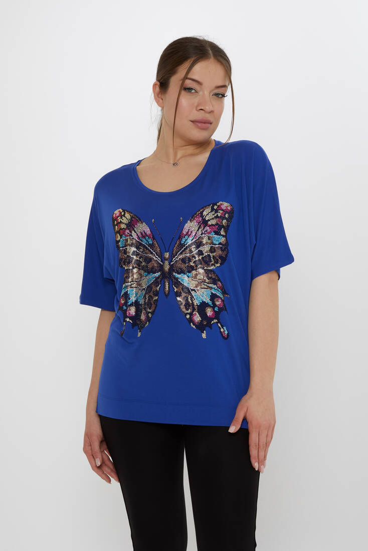 Kadın Bluz Kelebek Desenli Saks - 80046 | KAZEE