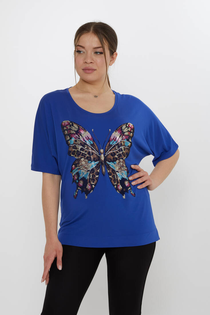 Kadın Bluz Kelebek Desenli Saks - 80046 | KAZEE