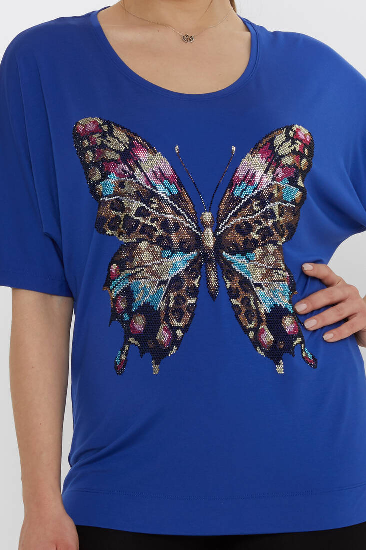 Kadın Bluz Kelebek Desenli Saks - 80046 | KAZEE