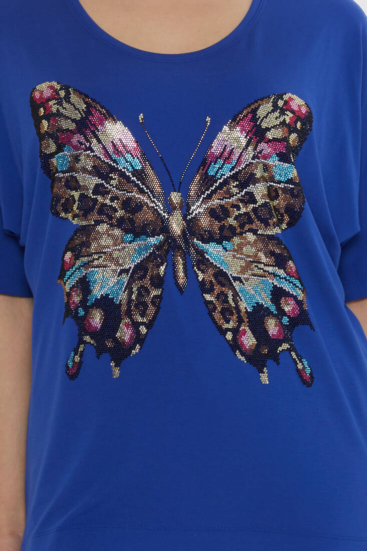 Kadın Bluz Kelebek Desenli Saks - 80046 | KAZEE