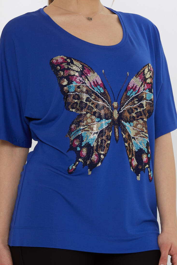 Kadın Bluz Kelebek Desenli Saks - 80046 | KAZEE