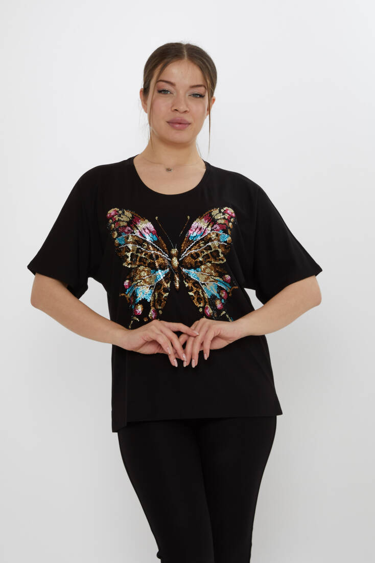Kadın Bluz Kelebek Desenli Siyah - 80046 | KAZEE