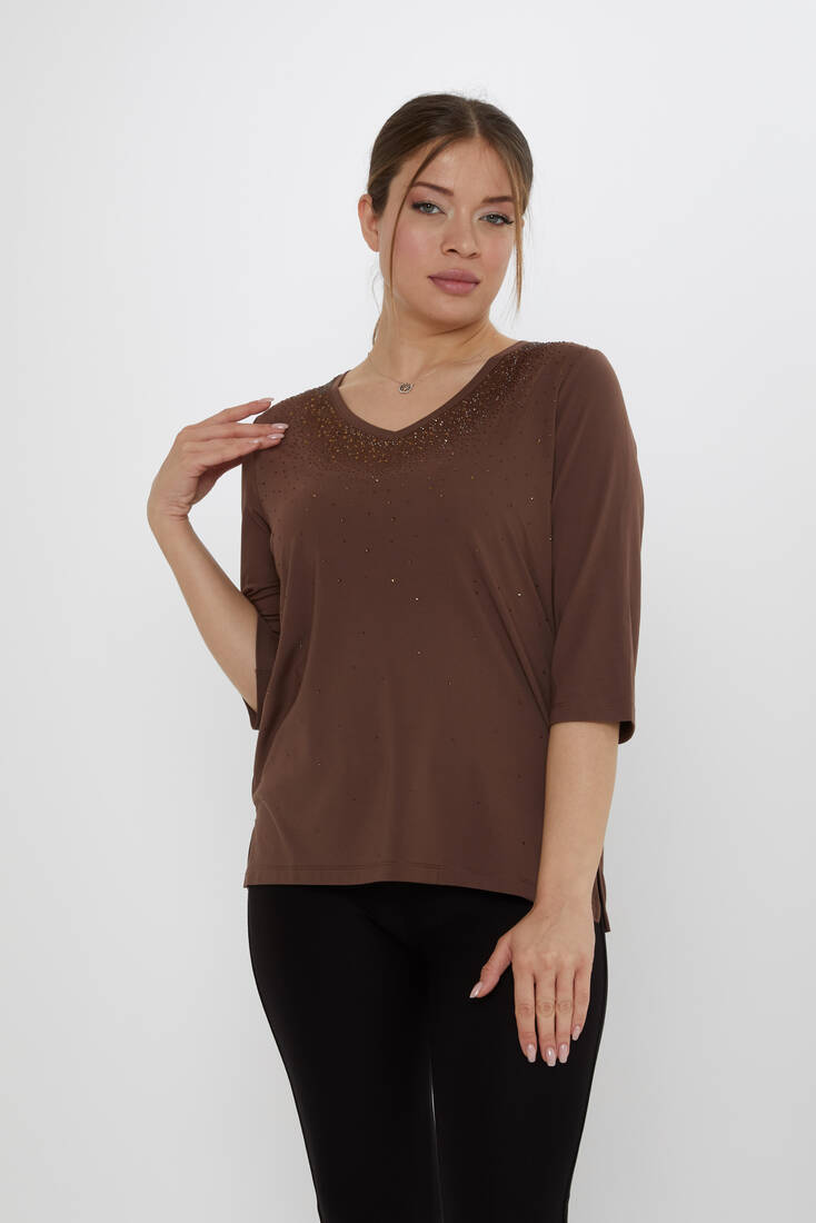 Kazee - Kadın Bluz Kısa Kollu Kahve - 80034 | KAZEE