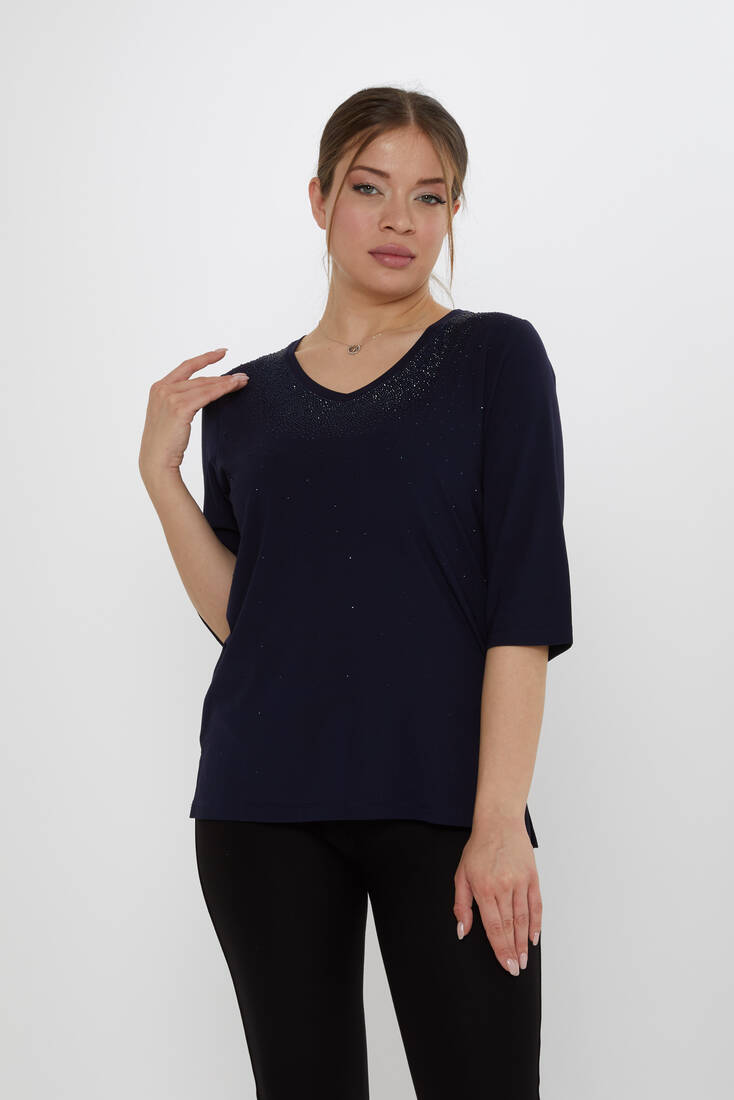 Kadın Bluz Kısa Kollu Lacivert - 80034 | KAZEE