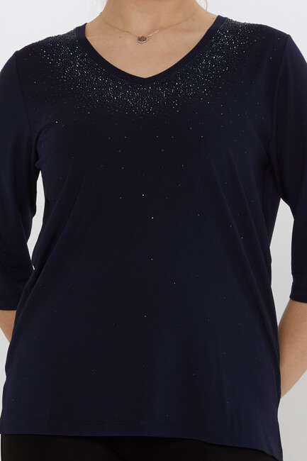 Kadın Bluz Kısa Kollu Lacivert - 80034 | KAZEE - Thumbnail